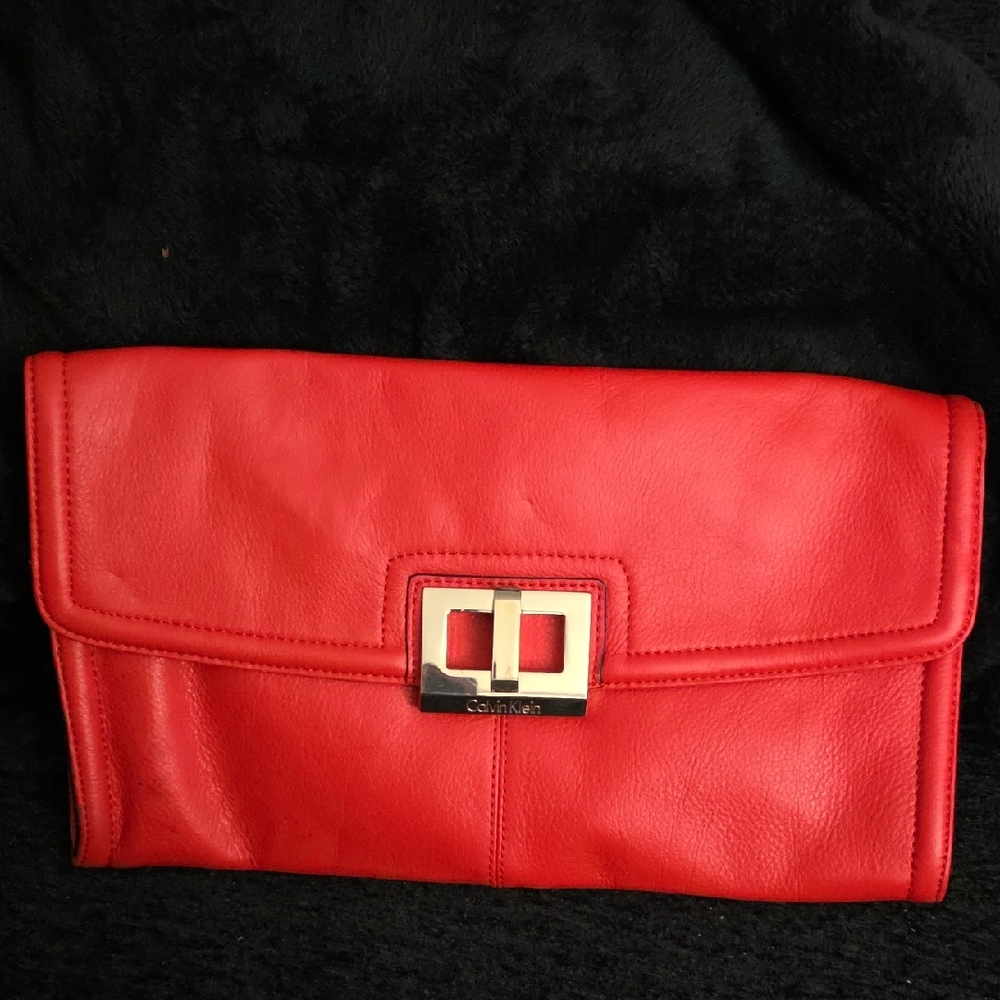 Calvin Klein Red Leather Fold-Over Clutch with Gold-Tone Buckle